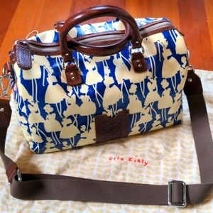 Orla Kiely Vintage Flower Girl Satchel Purse Cream Blue Dustbag Coated Canvas 💙